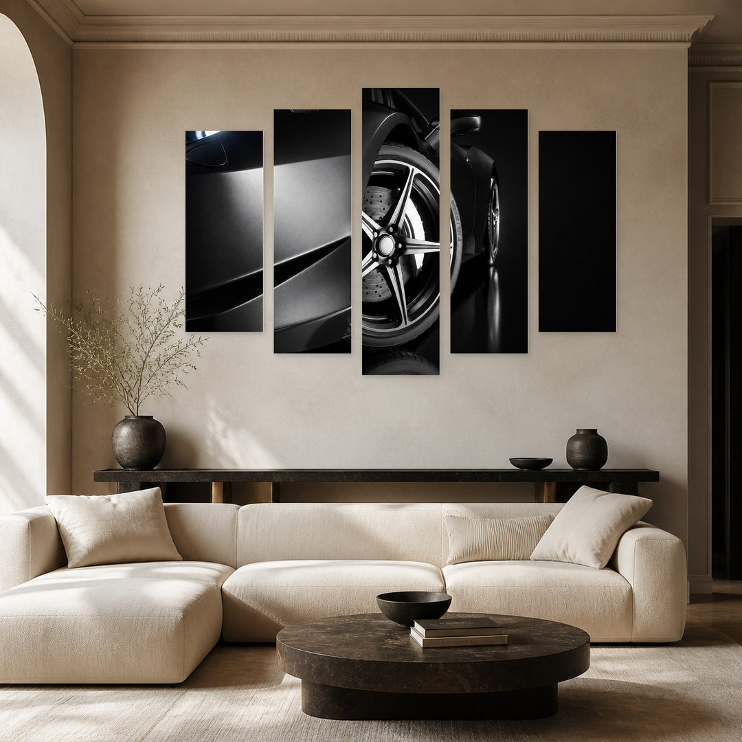 Black Sports Car with Dramatic Contrast III — five-panel wall art in alternate frontal interior | 5wallart 54428 M4