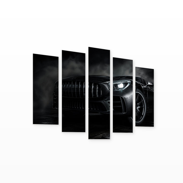 Black Luxury Car with Geometric Rhythm — five-panel wall art on white background in perspective | 5wallart 54430 M1