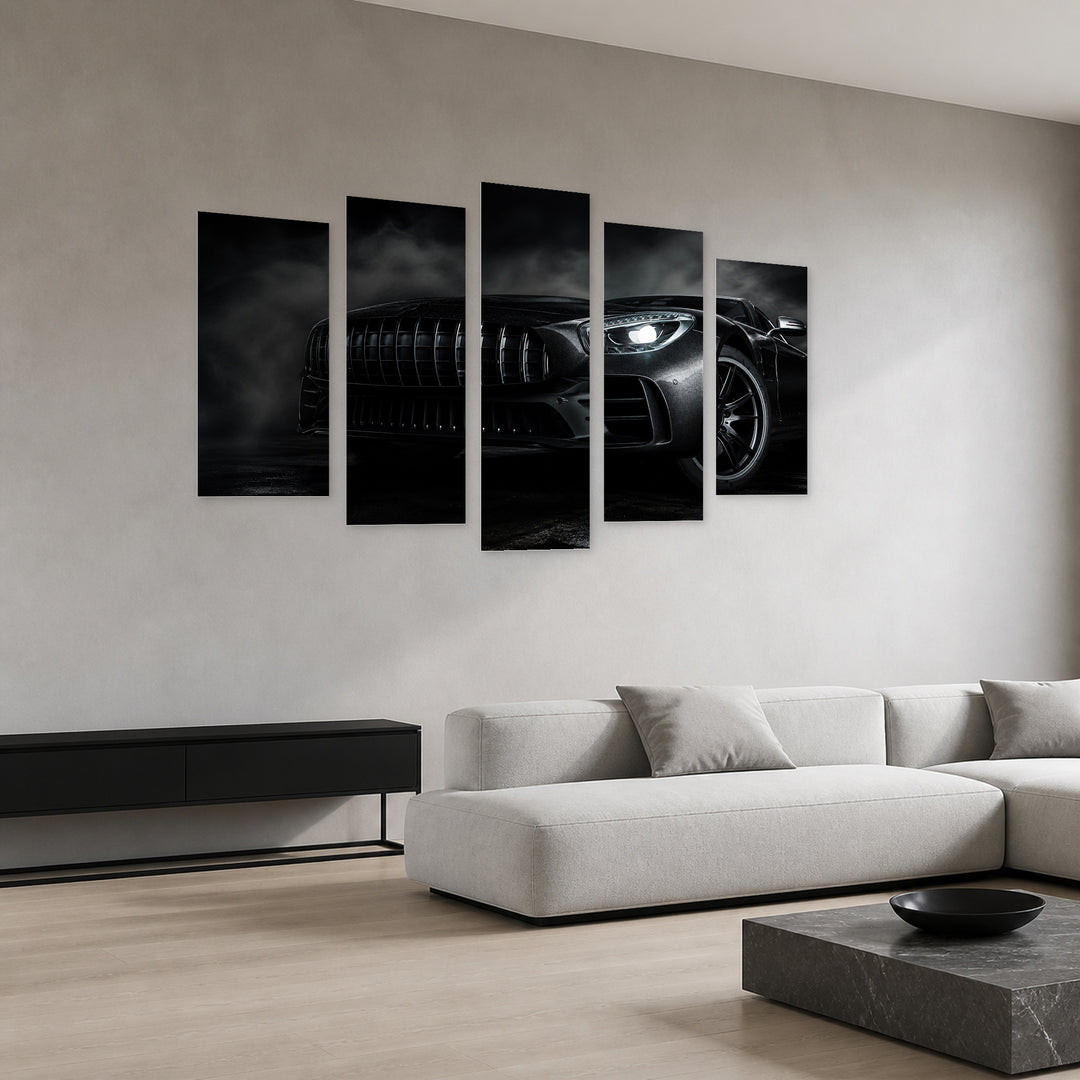 Black Luxury Car with Geometric Rhythm — five-panel wall art in perspective interior | 5wallart 54430 M2