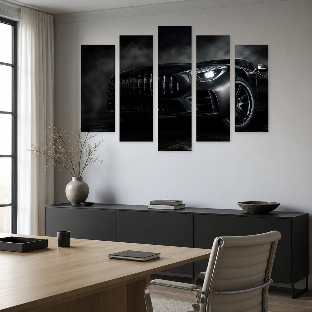 Black Luxury Car with Geometric Rhythm — five-panel wall art in frontal interior | 5wallart 54430 M3