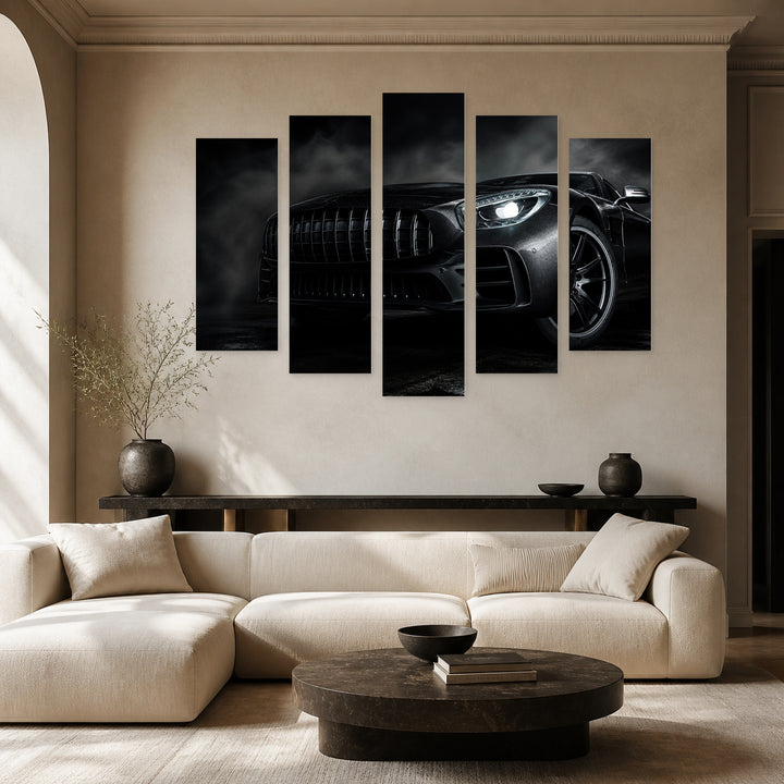 Black Luxury Car with Geometric Rhythm — five-panel wall art in alternate frontal interior | 5wallart 54430 M4