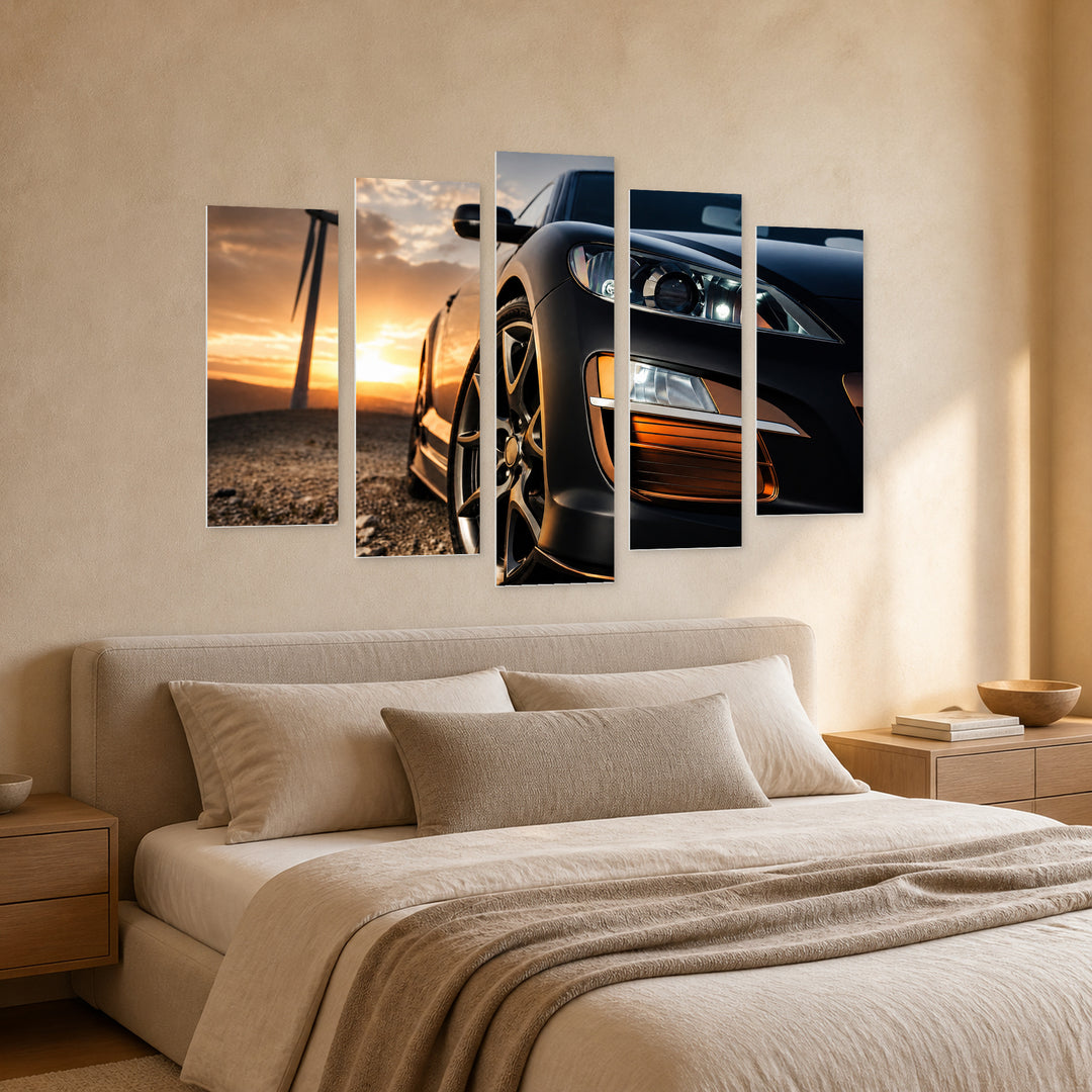 Luxury Car with Dramatic Contrast — five-panel wall art in perspective interior | 5wallart 54431 M2