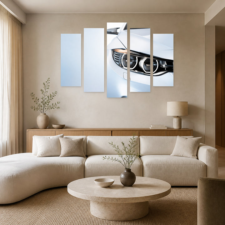 White Sports Car in Winter — five-panel wall art in alternate frontal interior | 5wallart 54432 M4