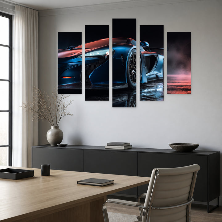 Supercar with Electric Power at Night — five-panel wall art in alternate frontal interior | 5wallart 54433 M4