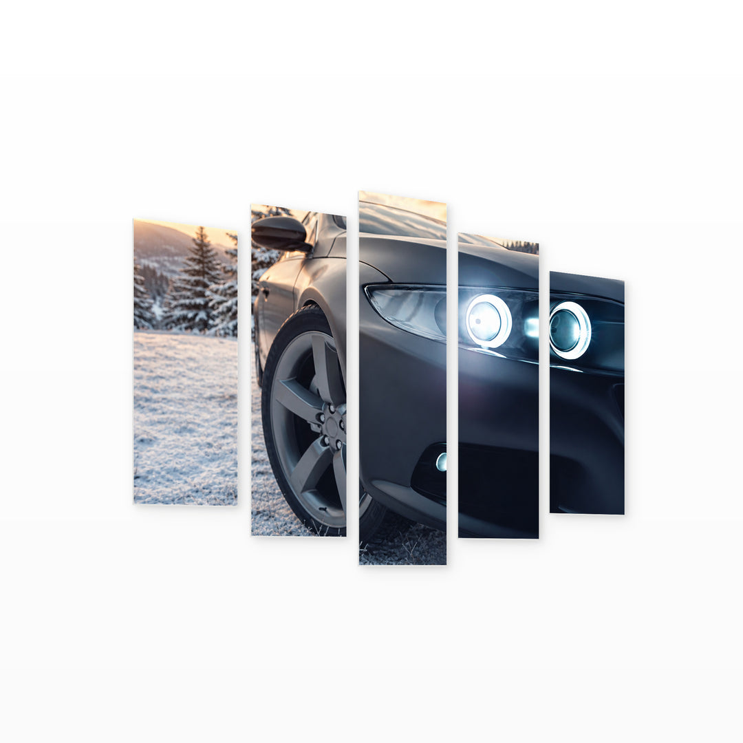 Sports Car with Winter Background with Geometric Rhythm — five-panel wall art on white background in perspective | 5wallart 54434 M1