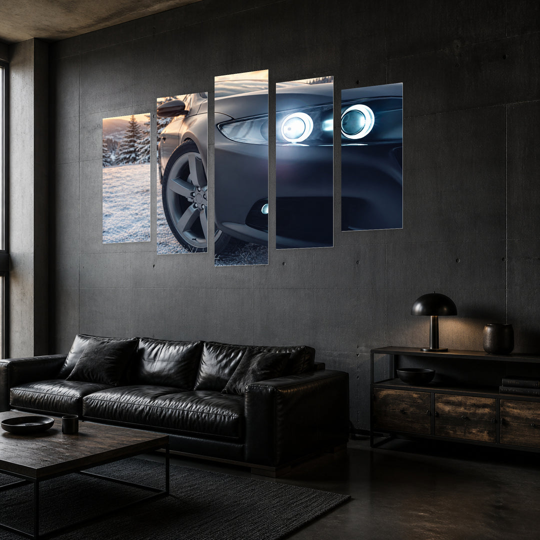 Sports Car with Winter Background with Geometric Rhythm — five-panel wall art in perspective interior | 5wallart 54434 M2