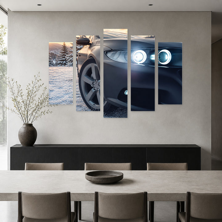 Sports Car with Winter Background with Geometric Rhythm — five-panel wall art in frontal interior | 5wallart 54434 M3