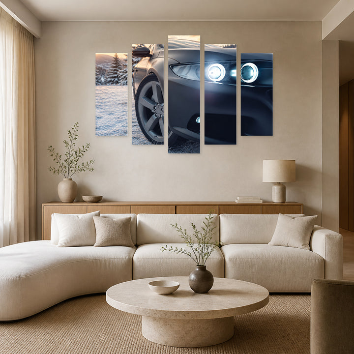 Sports Car with Winter Background with Geometric Rhythm — five-panel wall art in alternate frontal interior | 5wallart 54434 M4