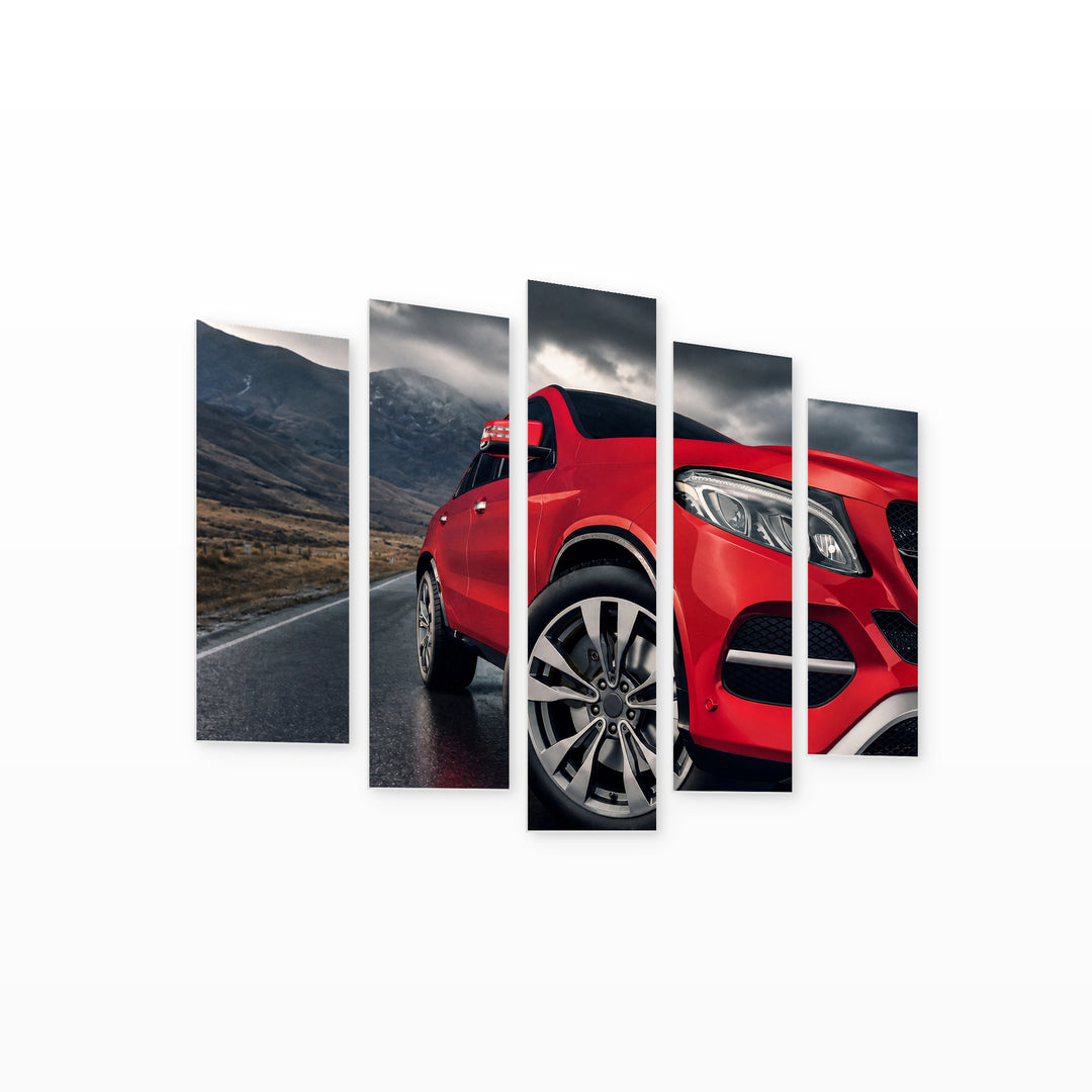 Red Sports Car with Dramatic Contrast — five-panel wall art on white background in perspective | 5wallart 54435 M1