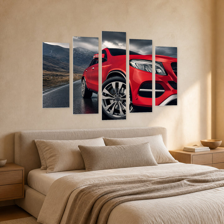 Red Sports Car with Dramatic Contrast — five-panel wall art in perspective interior | 5wallart 54435 M2