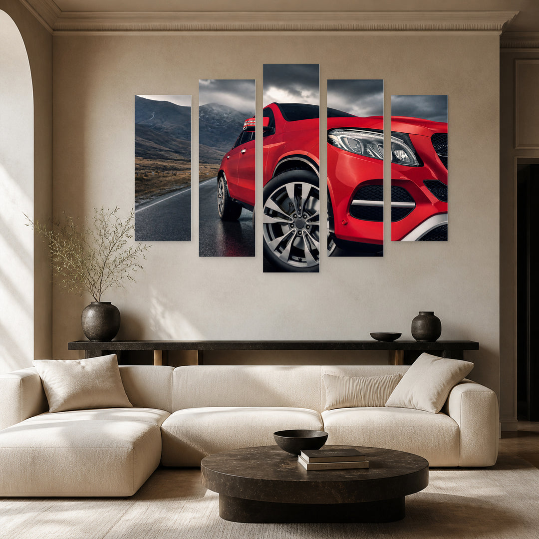 Red Sports Car with Dramatic Contrast — five-panel wall art in frontal interior | 5wallart 54435 M3