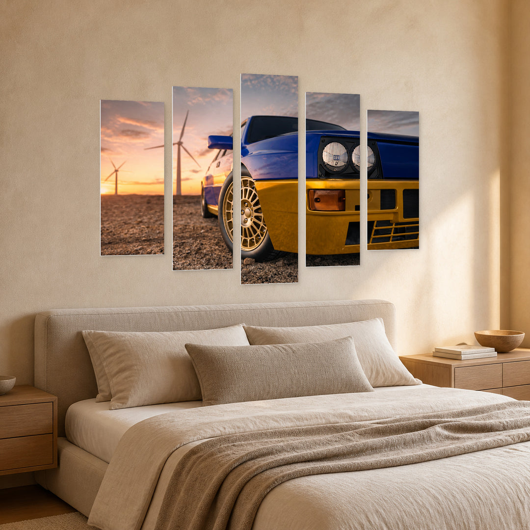 Sports Car in Blue and Gold — five-panel wall art in perspective interior | 5wallart 54437 M2