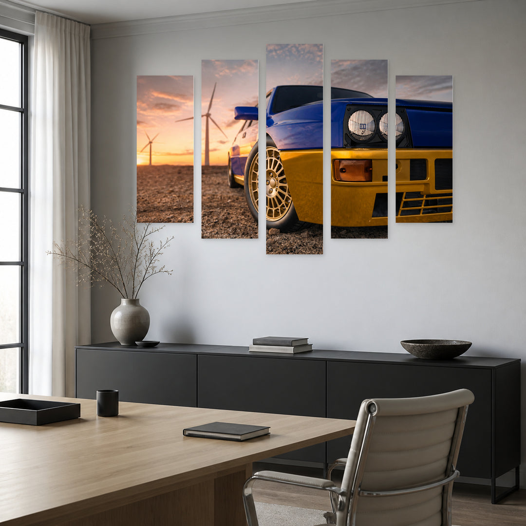 Sports Car in Blue and Gold — five-panel wall art in alternate frontal interior | 5wallart 54437 M4