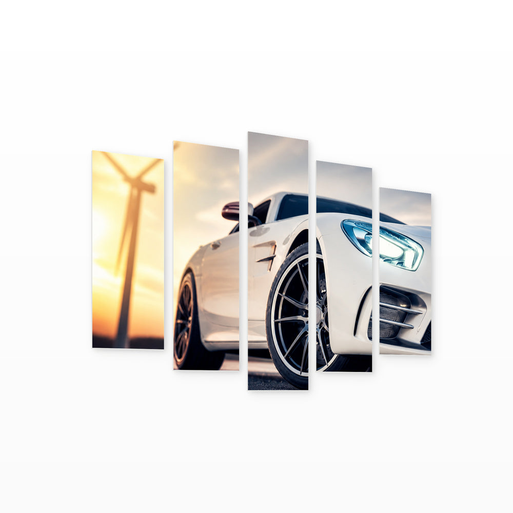 White Sports Car with Dramatic Contrast II — five-panel wall art on white background in perspective | 5wallart 54438 M1