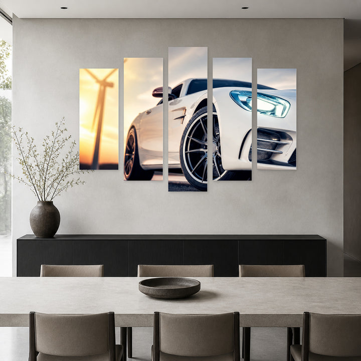 White Sports Car with Dramatic Contrast II — five-panel wall art in frontal interior | 5wallart 54438 M3