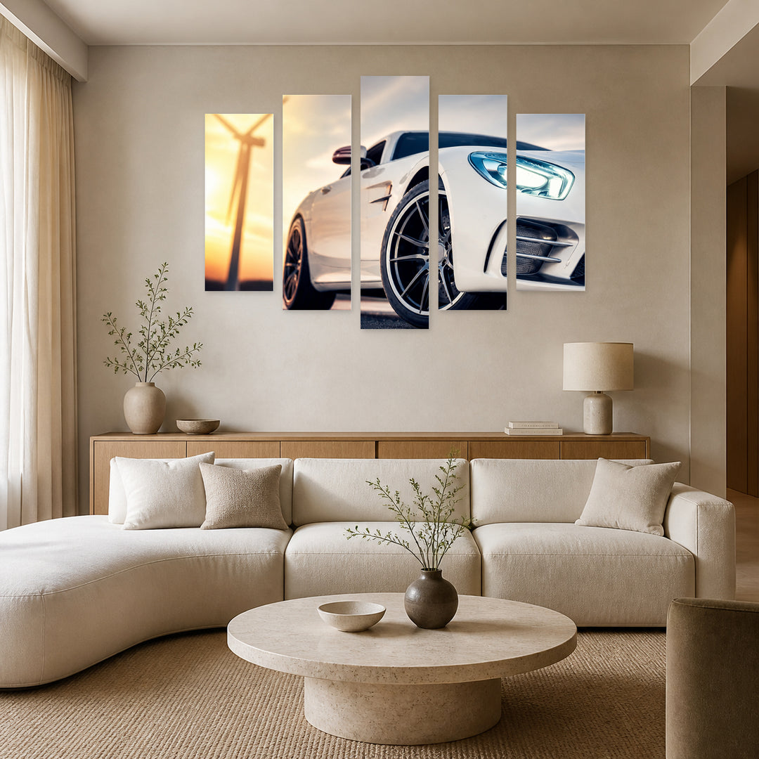 White Sports Car with Dramatic Contrast II — five-panel wall art in alternate frontal interior | 5wallart 54438 M4