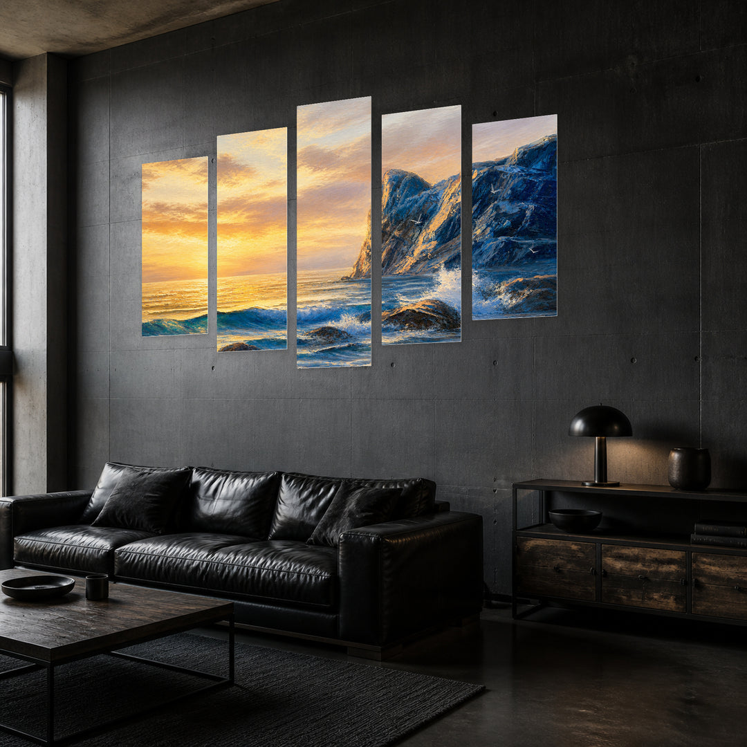 Original in Blue and Gold — five-panel wall art in perspective interior | 5wallart 54440 M2
