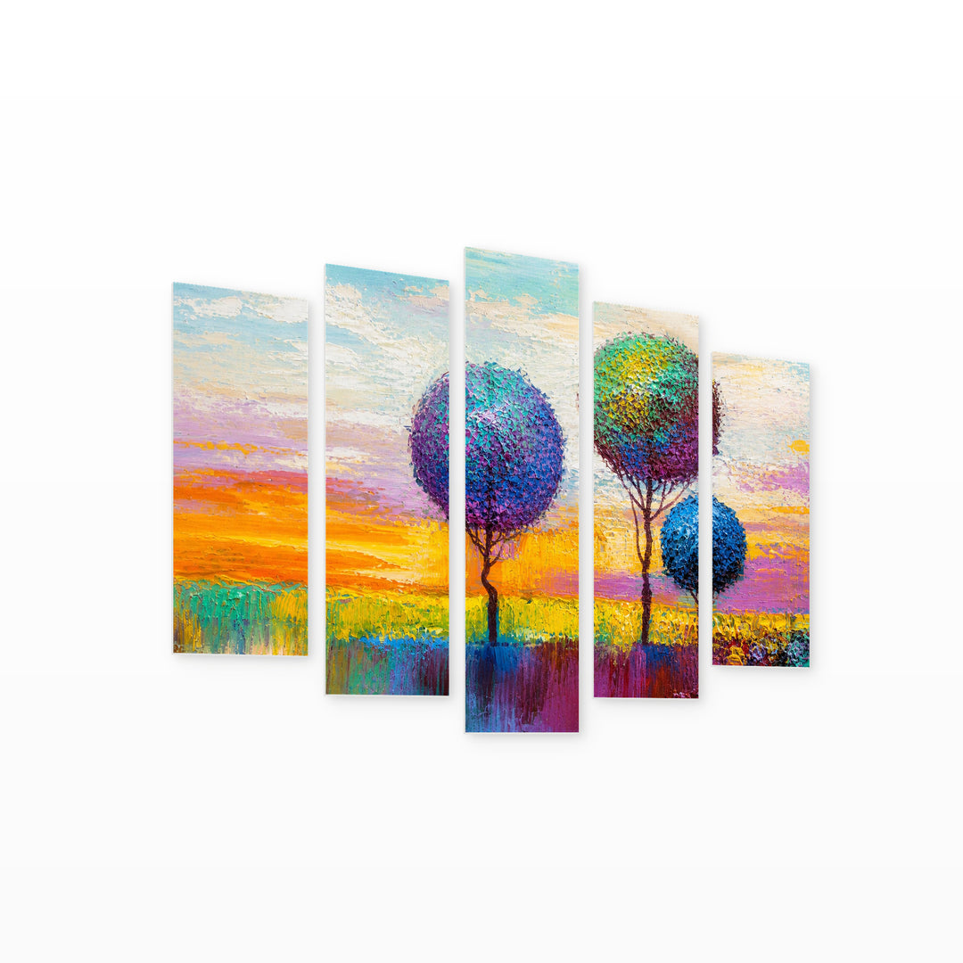 Landscape Painting, Decorative Trees in Serene Light — five-panel wall art on white background in perspective | 5wallart 54442 M1