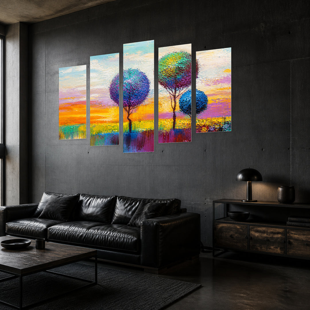 Landscape Painting, Decorative Trees in Serene Light — five-panel wall art in perspective interior | 5wallart 54442 M2