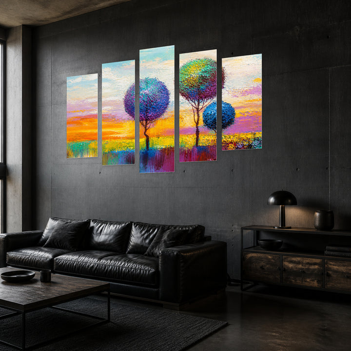 Landscape Painting, Decorative Trees in Serene Light — five-panel wall art in perspective interior | 5wallart 54442 M2
