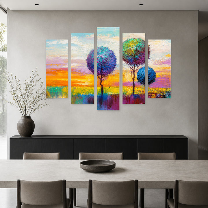 Landscape Painting, Decorative Trees in Serene Light — five-panel wall art in frontal interior | 5wallart 54442 M3