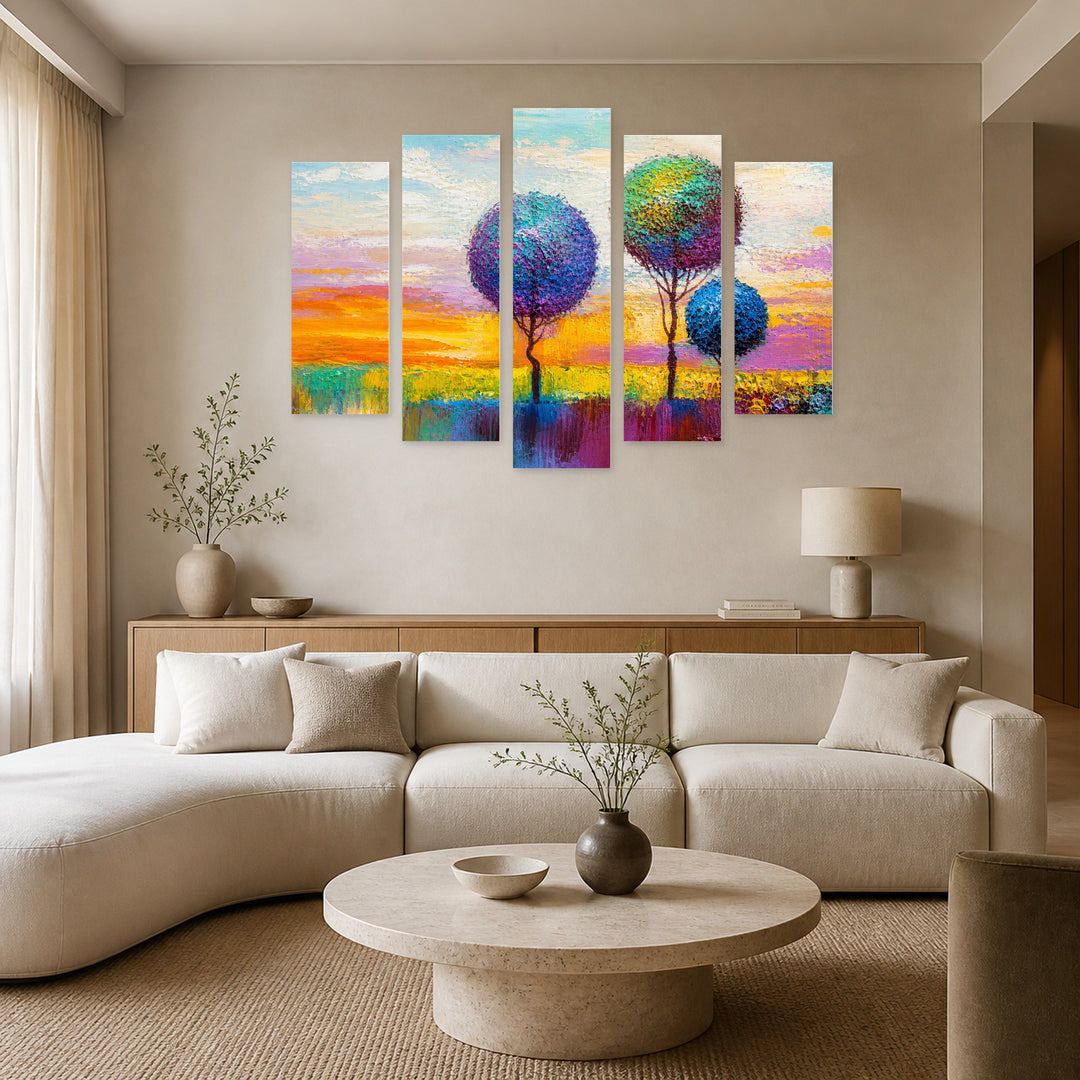 Landscape Painting, Decorative Trees in Serene Light — five-panel wall art in alternate frontal interior | 5wallart 54442 M4