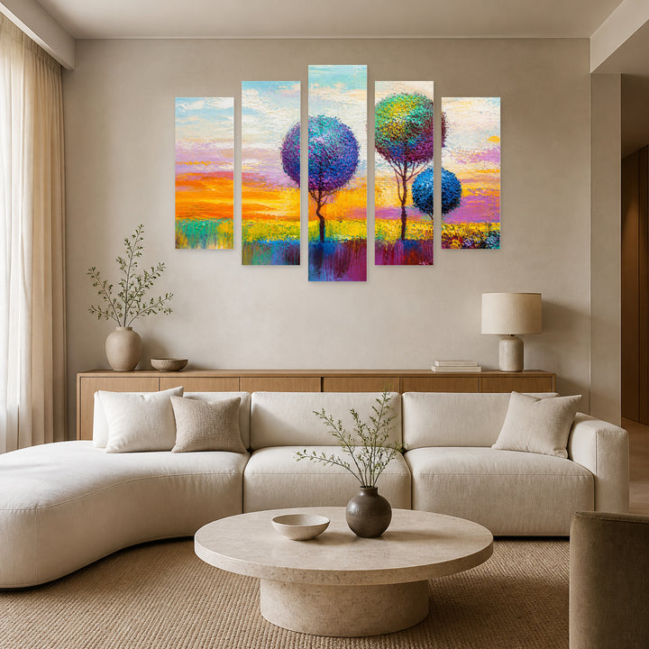 Landscape Painting, Decorative Trees in Serene Light — five-panel wall art in alternate frontal interior | 5wallart 54442 M4