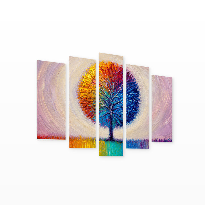 Colorful Tree - Landscape with Geometric Rhythm — five-panel wall art on white background in perspective | 5wallart 54443 M1