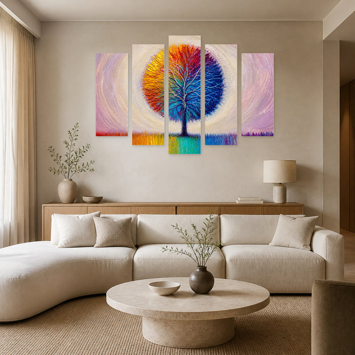 Colorful Tree - Landscape with Geometric Rhythm — five-panel wall art in frontal interior | 5wallart 54443 M3