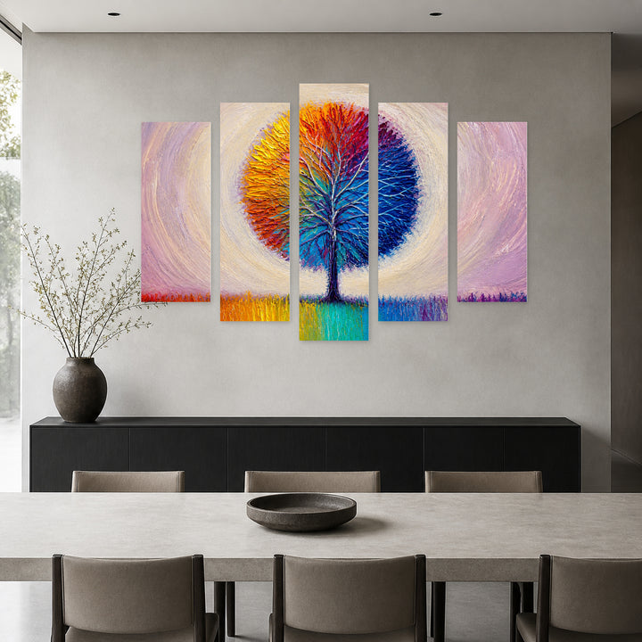Colorful Tree - Landscape with Geometric Rhythm — five-panel wall art in alternate frontal interior | 5wallart 54443 M4