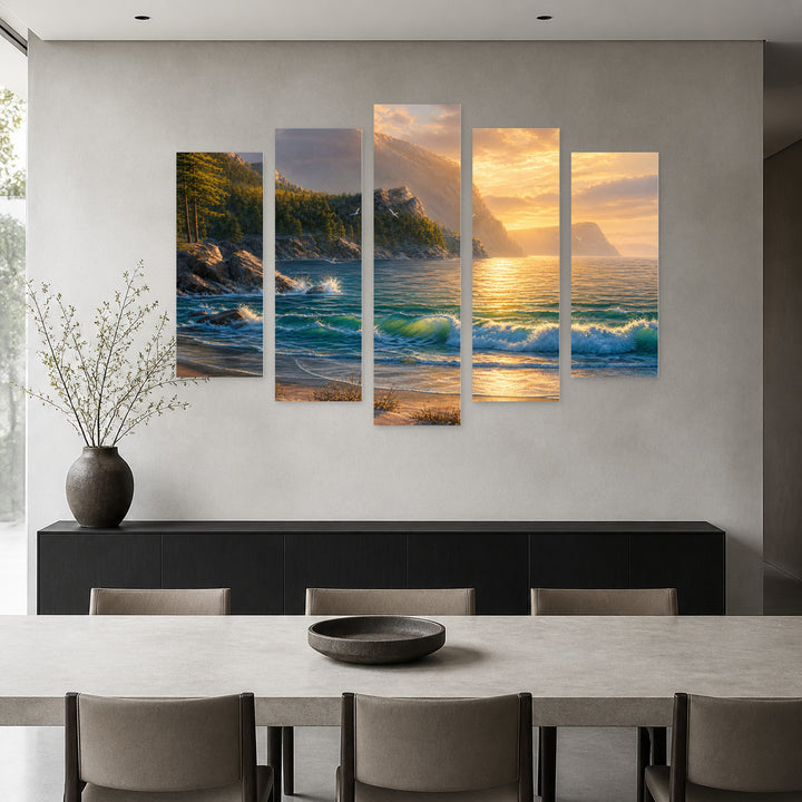 Of Sea and Beach in Blue and Gold — five-panel wall art in frontal interior | 5wallart 54444 M3