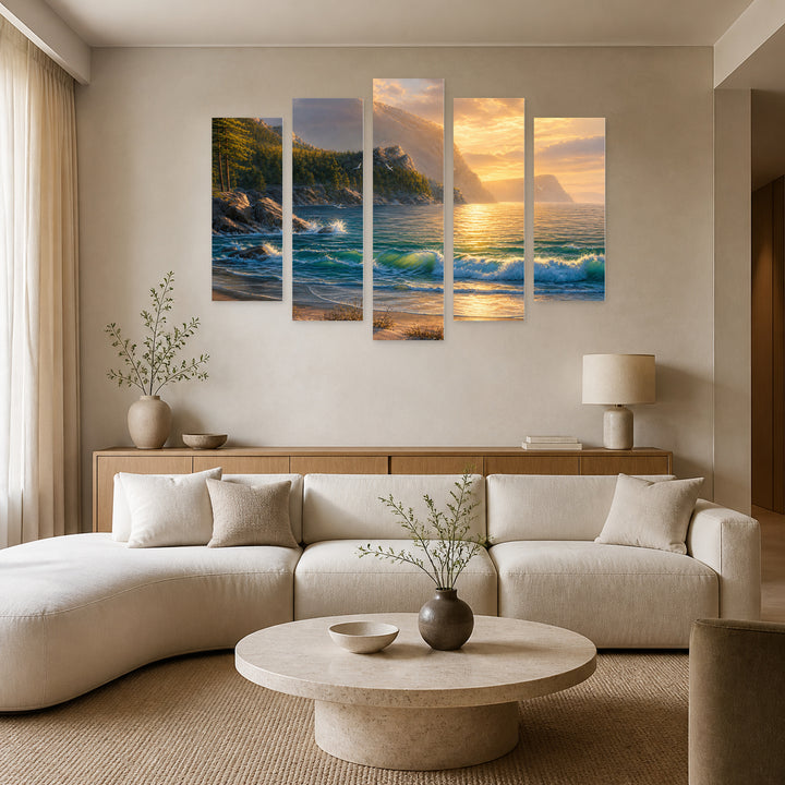 Of Sea and Beach in Blue and Gold — five-panel wall art in alternate frontal interior | 5wallart 54444 M4