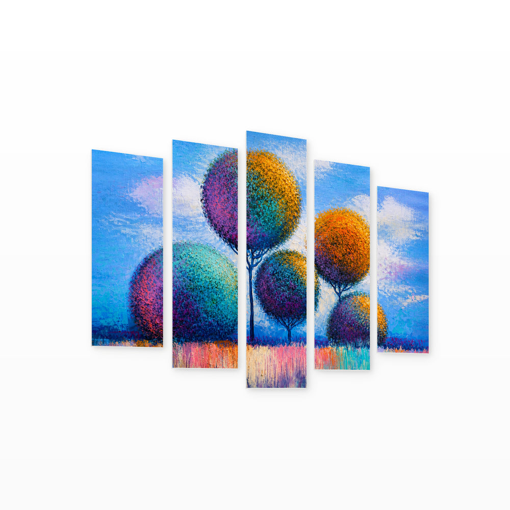 Landscape of Colorful Trees in Serene Light — five-panel wall art on white background in perspective | 5wallart 54445 M1