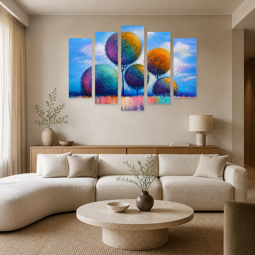 Landscape of Colorful Trees in Serene Light — five-panel wall art in frontal interior | 5wallart 54445 M3