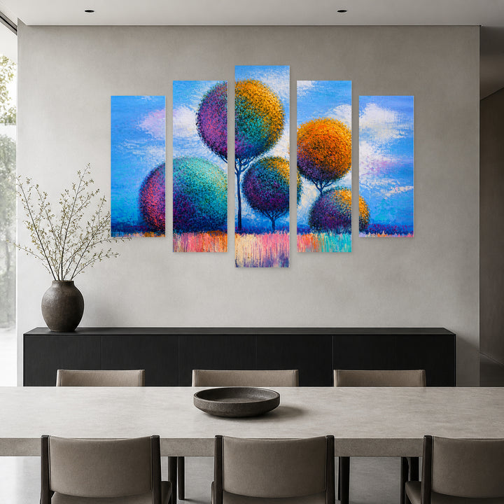 Landscape of Colorful Trees in Serene Light — five-panel wall art in alternate frontal interior | 5wallart 54445 M4