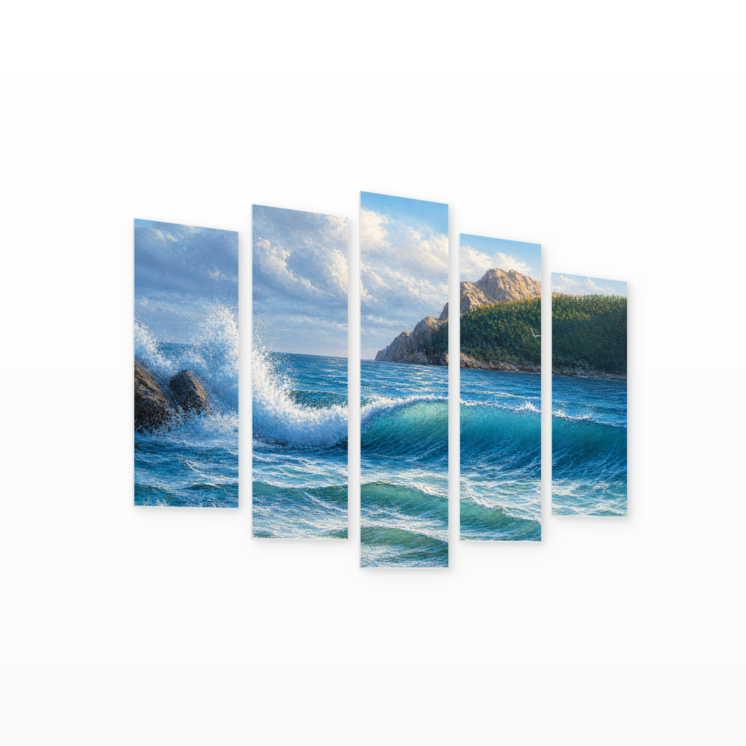 Morning with Sea and Waves Coastal Panorama — five-panel wall art on white background in perspective | 5wallart 54446 M1