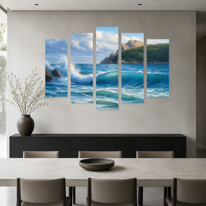 Morning with Sea and Waves Coastal Panorama — five-panel wall art in frontal interior | 5wallart 54446 M3