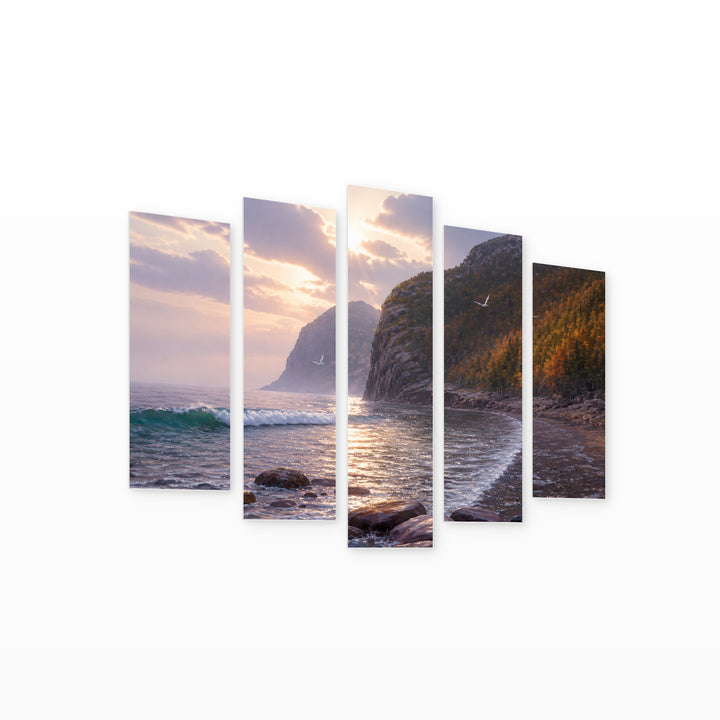 Morning Sea at Sunrise — five-panel wall art on white background in perspective | 5wallart 54447 M1