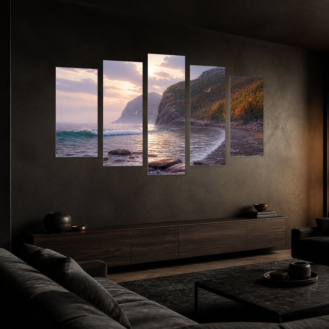 Morning Sea at Sunrise — five-panel wall art in perspective interior | 5wallart 54447 M2