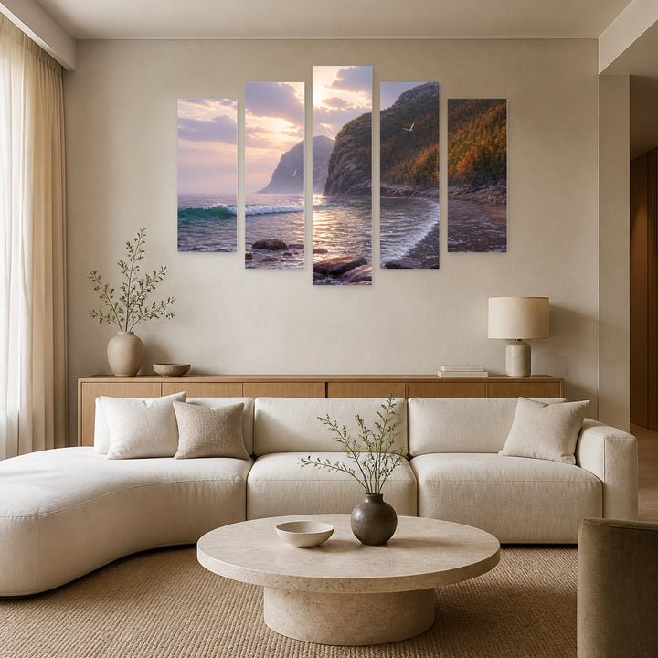 Morning Sea at Sunrise — five-panel wall art in frontal interior | 5wallart 54447 M3