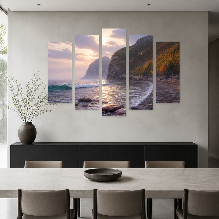 Morning Sea at Sunrise — five-panel wall art in alternate frontal interior | 5wallart 54447 M4