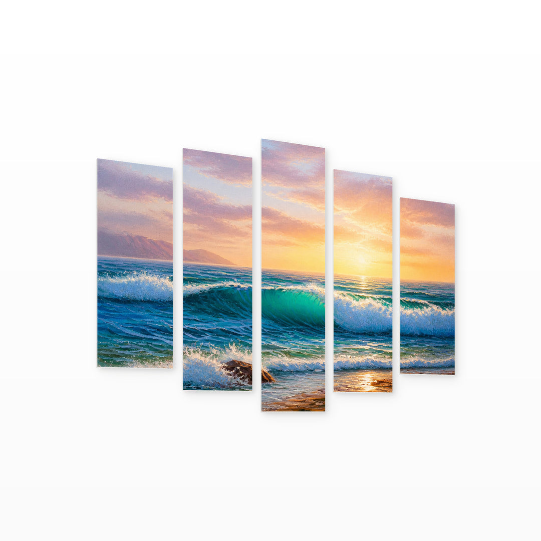 Sea Waves in Serene Light — five-panel wall art on white background in perspective | 5wallart 54448 M1