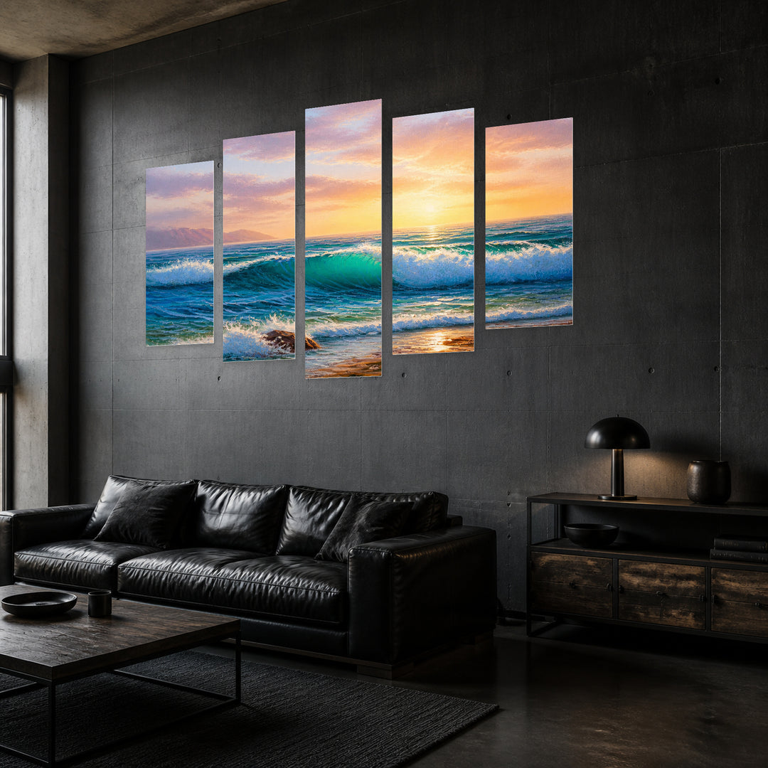 Sea Waves in Serene Light — five-panel wall art in perspective interior | 5wallart 54448 M2