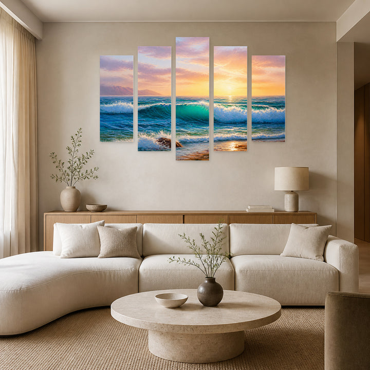 Sea Waves in Serene Light — five-panel wall art in alternate frontal interior | 5wallart 54448 M4