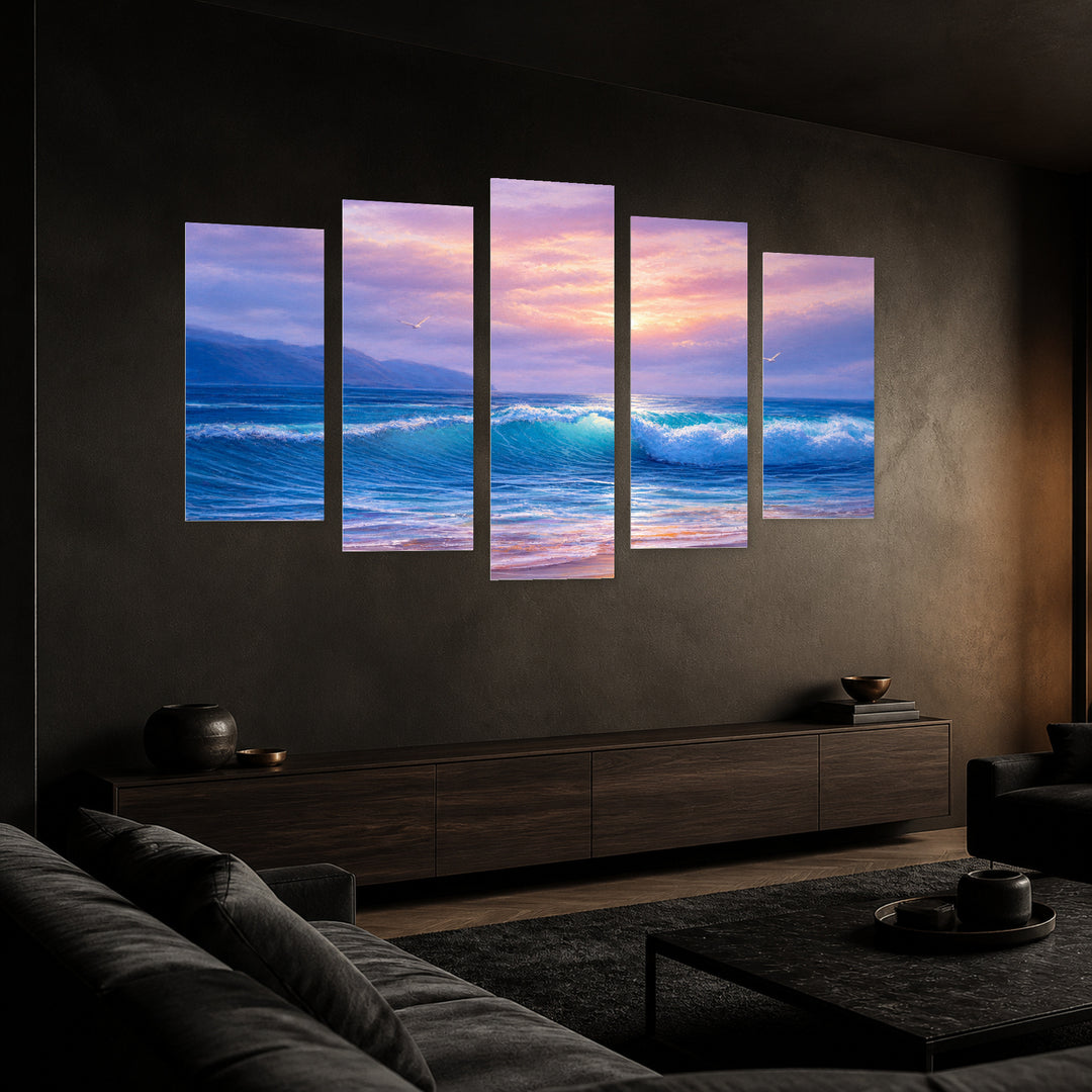 Of Sea and Beach with Dreamlike Atmosphere — five-panel wall art in perspective interior | 5wallart 54449 M2