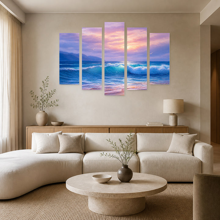 Of Sea and Beach with Dreamlike Atmosphere — five-panel wall art in frontal interior | 5wallart 54449 M3