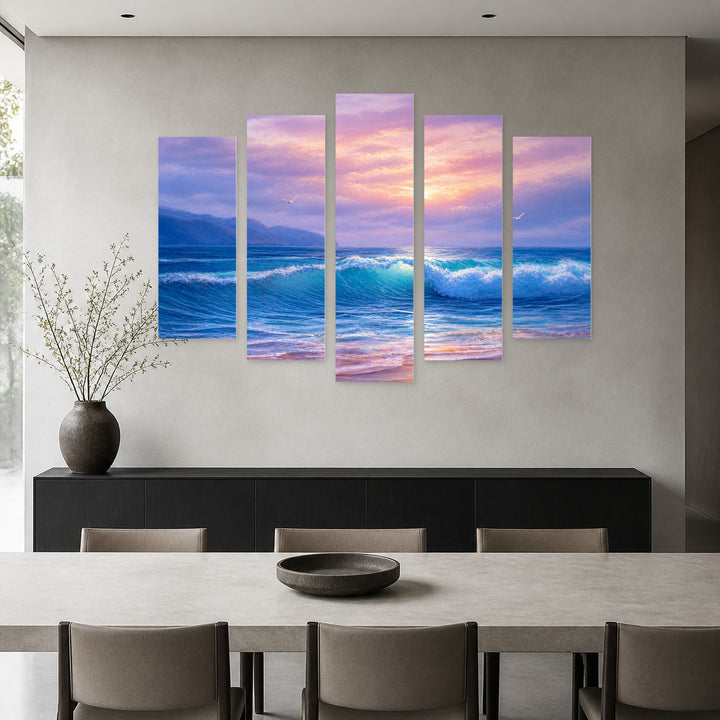 Of Sea and Beach with Dreamlike Atmosphere — five-panel wall art in alternate frontal interior | 5wallart 54449 M4