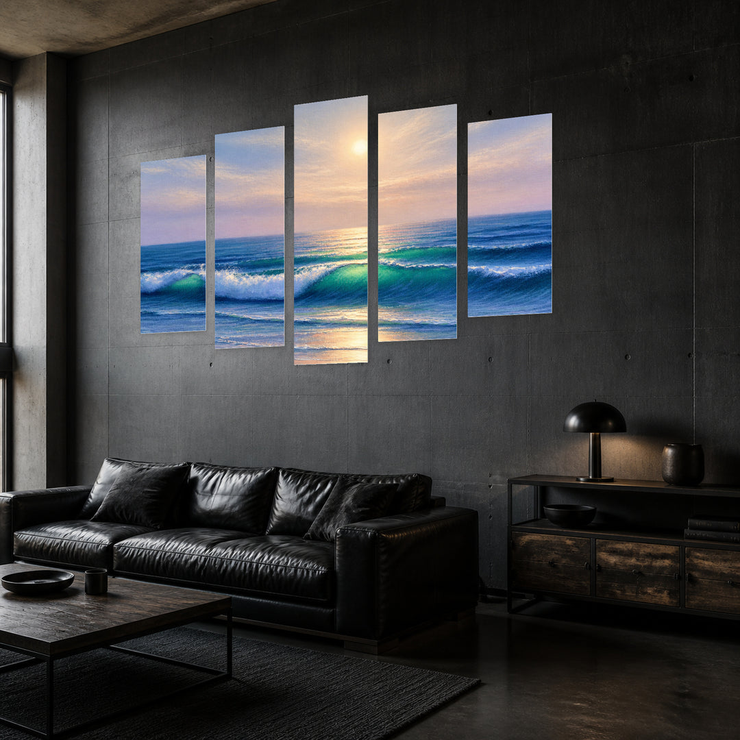 Of the Sea with Dreamlike Atmosphere — five-panel wall art in perspective interior | 5wallart 54450 M2