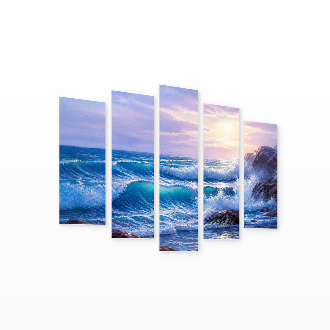 Morning Waves in Serene Light — five-panel wall art on white background in perspective | 5wallart 54451 M1
