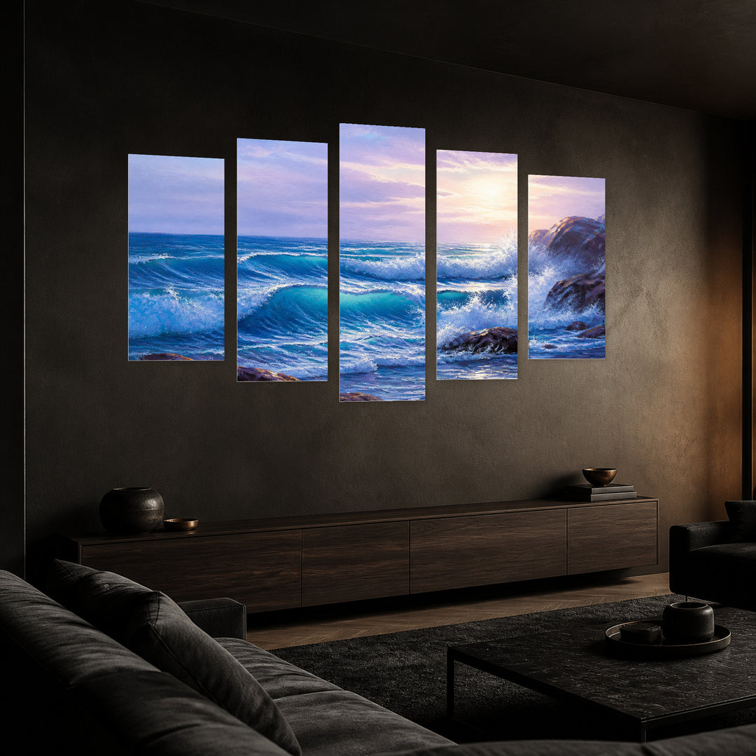 Morning Waves in Serene Light — five-panel wall art in perspective interior | 5wallart 54451 M2